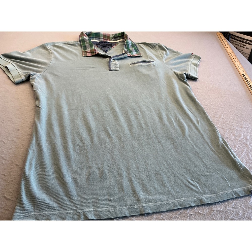 Tommy Hilfiger Polo Shirt Plaid Collar Custom Fit Large Sage Green Cotton Pique